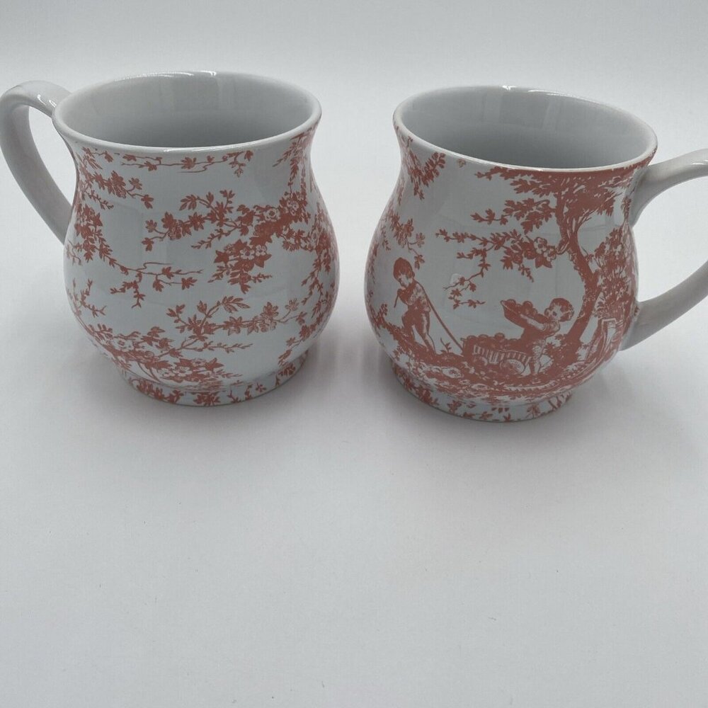 Harry And David Pink Toile Ceramic Coffee Mugs Cup Set 2 Pair 4 1/4"